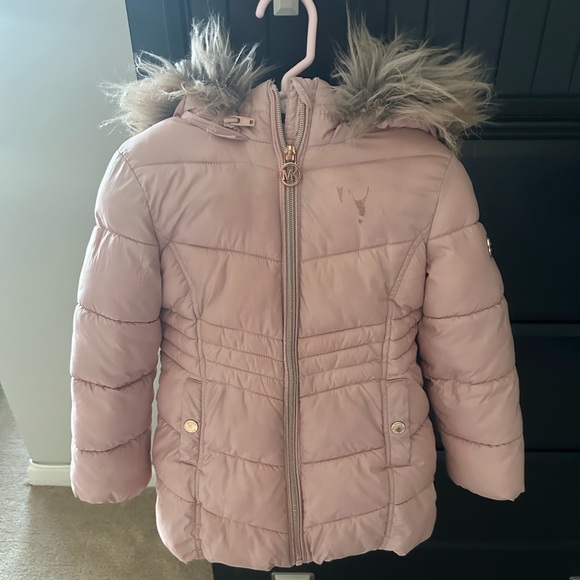 Michael Kors Stadium Length Pink Toddler Girl Puffer Jacket with Faux Fur Hood - Picture 1 of 5